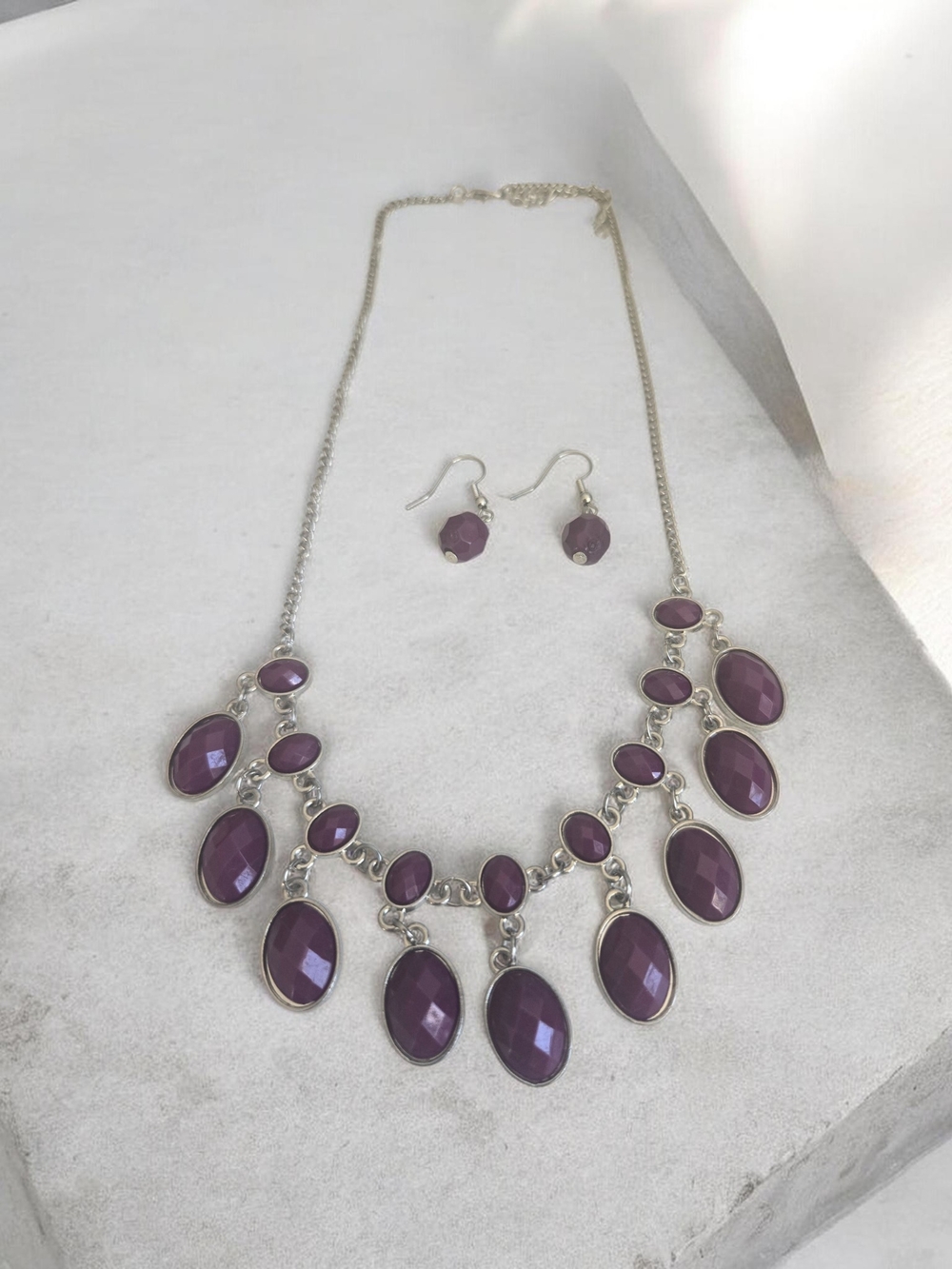 Purple Statement Bib Necklace and Earring Set - Unbranded
